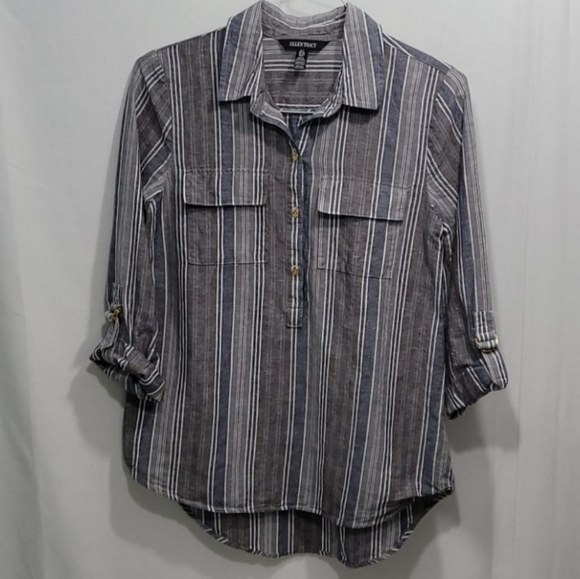 Ellen Tracy Button Down Shirt Linen Blend Chest Pockets Striped Collar